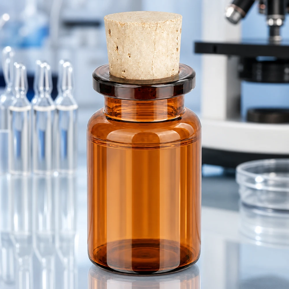Flacon en verre ambré 5 ml avec bouchon de liège 11/14 mm Robuste Braunglas Probenflasche 5ml mit Korkverschluss für pharmazeutische Anwendungen