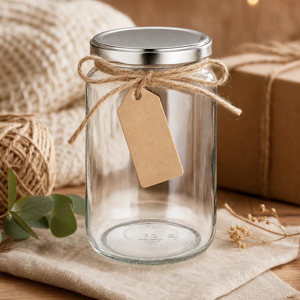795ml verre rond avec couvercle BasicSeal décoratif avec corde de jute et étiquette cadeau comme emballage cadeau