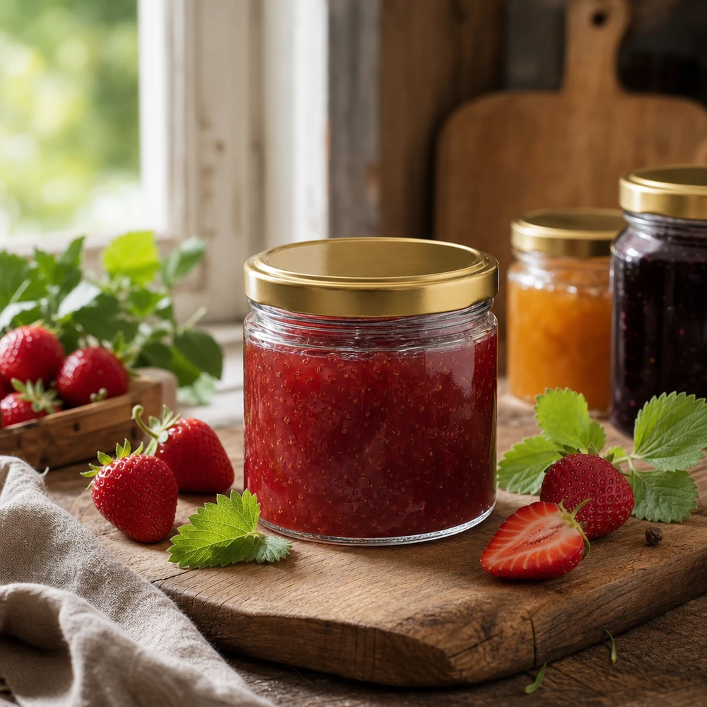 540ml Verre rond avec couvercle BasicSeal or UNiTWIST Pot rond de 540ml avec couvercle BasicSeal doré rempli de confiture de fraises sur planche en bois avec fraises fraîches