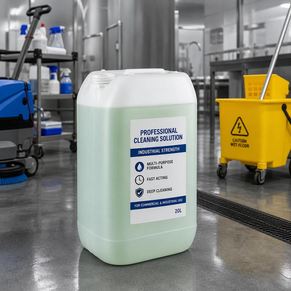 Jerrican de 15 litres sans bouchon Bidon industriel vert clair de 15 litres sans bouchon, avec une étiquette indiquant « Solution de nettoyage professionnelle » posée sur le sol de l'entrepôt