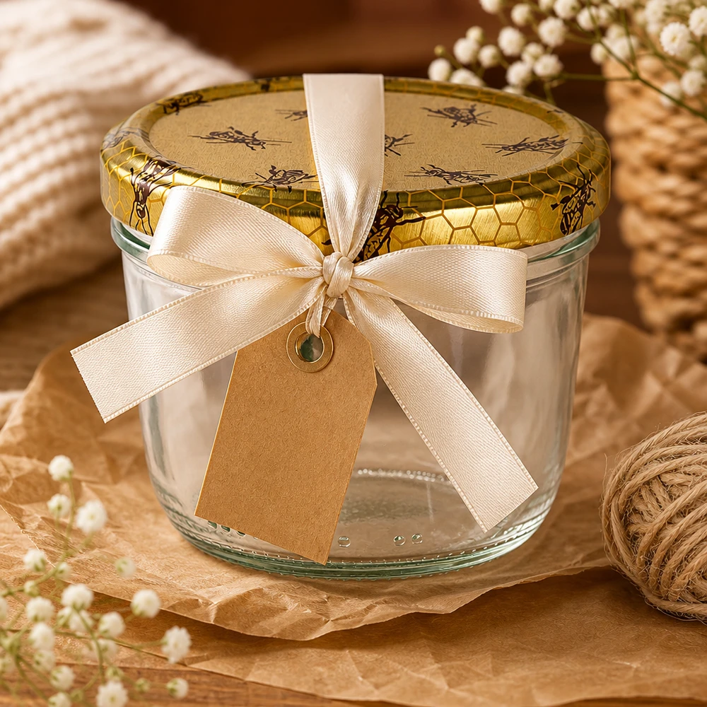 230ml Verre conique avec couvercle BasicSeal nid d'abeilles UNiTWIST Pot vide de 230 ml avec couvercle en nid d'abeille, décoré d'un ruban et d'un pendentif de couleur crème.