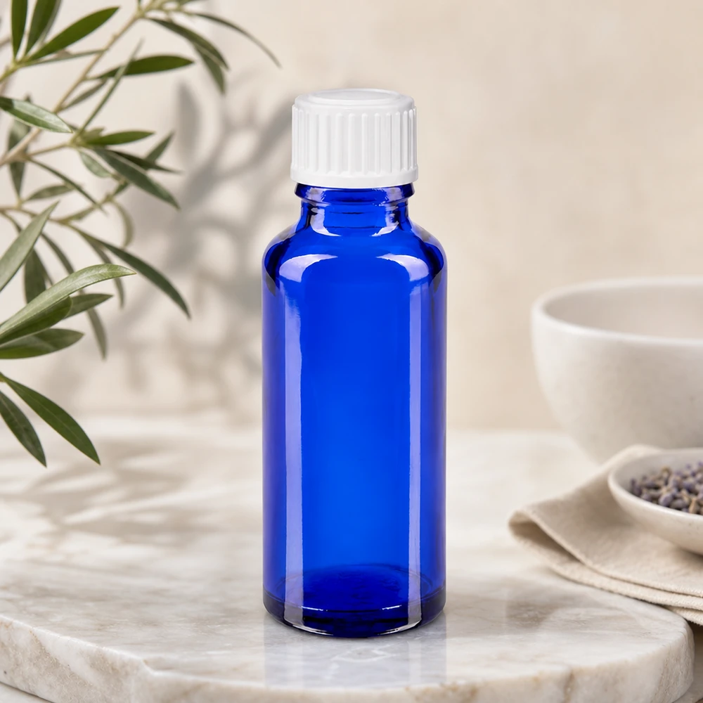 Flacon de pharmacie cylindrique de 30 ml, bleu cobalt, avec bouchon standard blanc de 11 mm