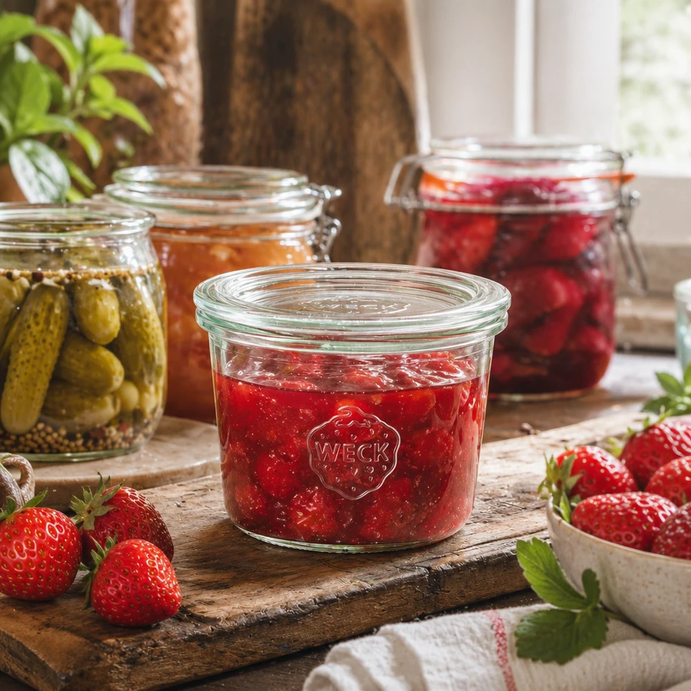 Bocal en verre de 80 ml avec couvercle en verre WECK RR60 WECK Pot renversé 80ml RR60 rempli de confiture de fraises sur une planche en bois rustique avec des fraises fraîches et des bocaux de conservation