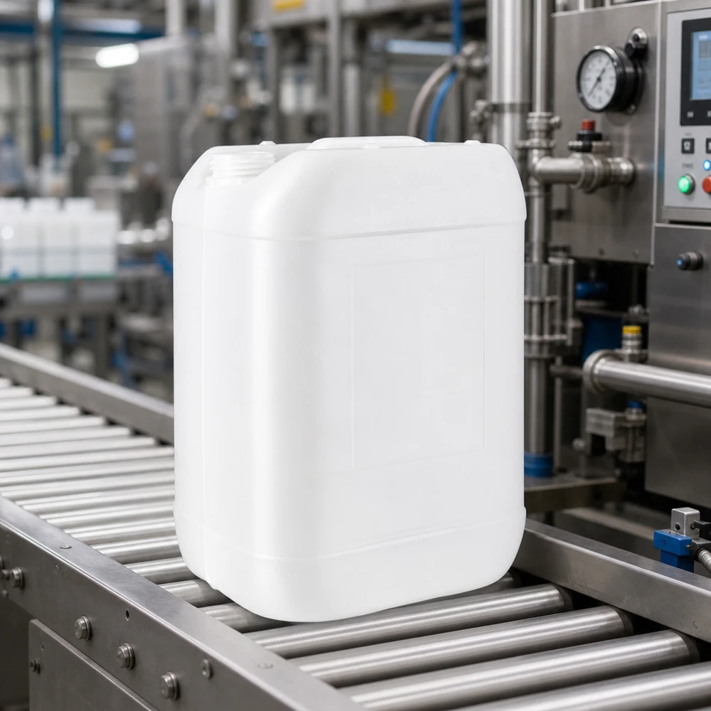 Jerrican de 25 litres sans bouchon Bidon rectangulaire de 25 litres sans bouchon, de couleur blanche, sur un tapis roulant industriel