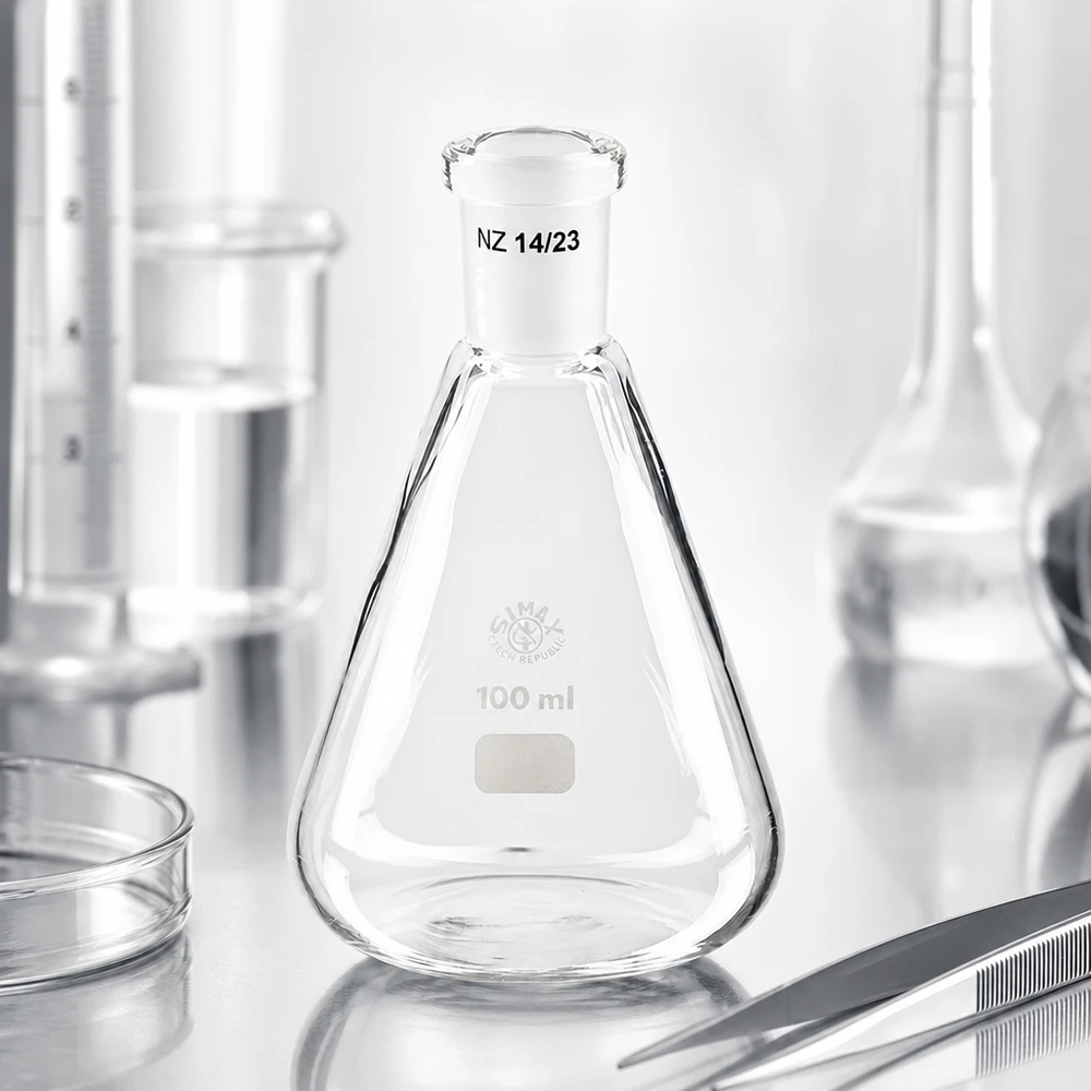 Erlenmeyer 100 ml col étroit, verre borosilicate avec rodage normalisé 14/23