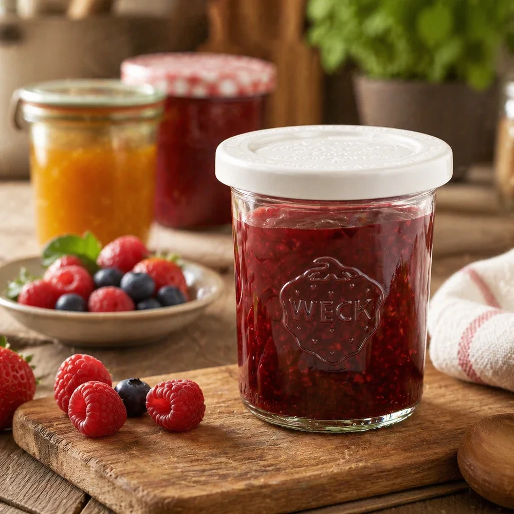 WECK Pot renversé 160ml RR60 rempli de confiture de baies rouges sur une planche en bois à côté de framboises et de myrtilles fraîches