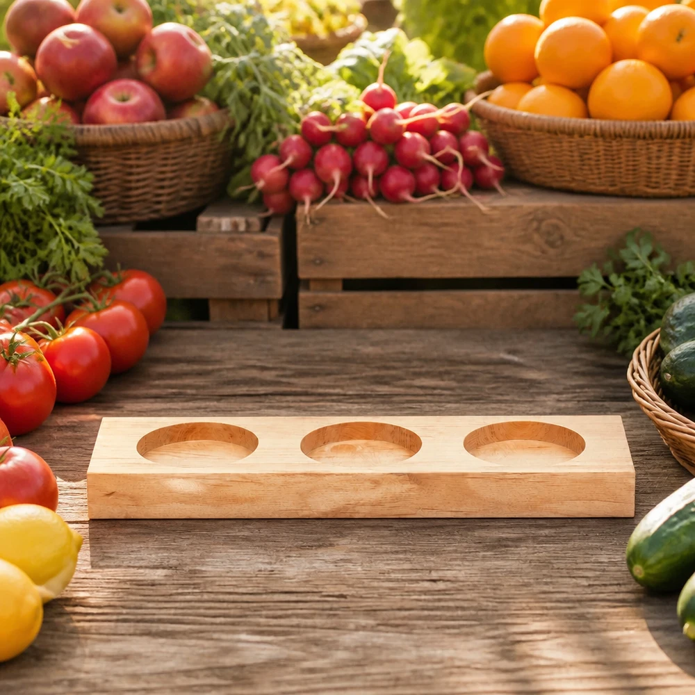 Planche de service Plano3 en bois entre des fruits et légumes frais sur une table en bois rustique dans le style marché fermier