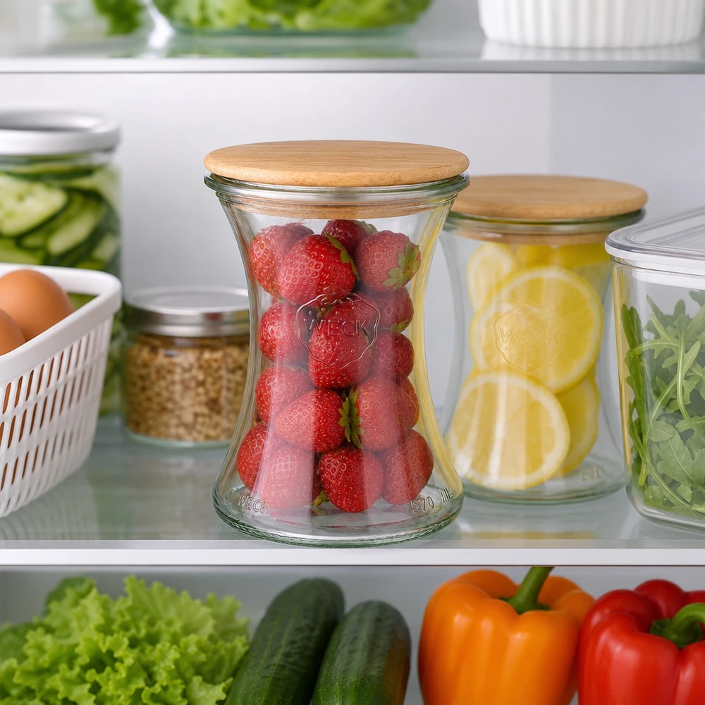 370ml bocal à gourmandises WECK RR80 avec couvercle en bois WECK Pot à délicatesse 370ml RR80 avec couvercle en bois dans le réfrigérateur pour conserver la fraîcheur des fraises et des citrons