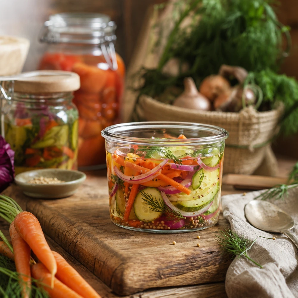 Bocal WECK RR40 de 35 ml WECK Pot renversé 35ml avec légumes marinés sur planche en bois, bocal pour la fermentation et la conservation