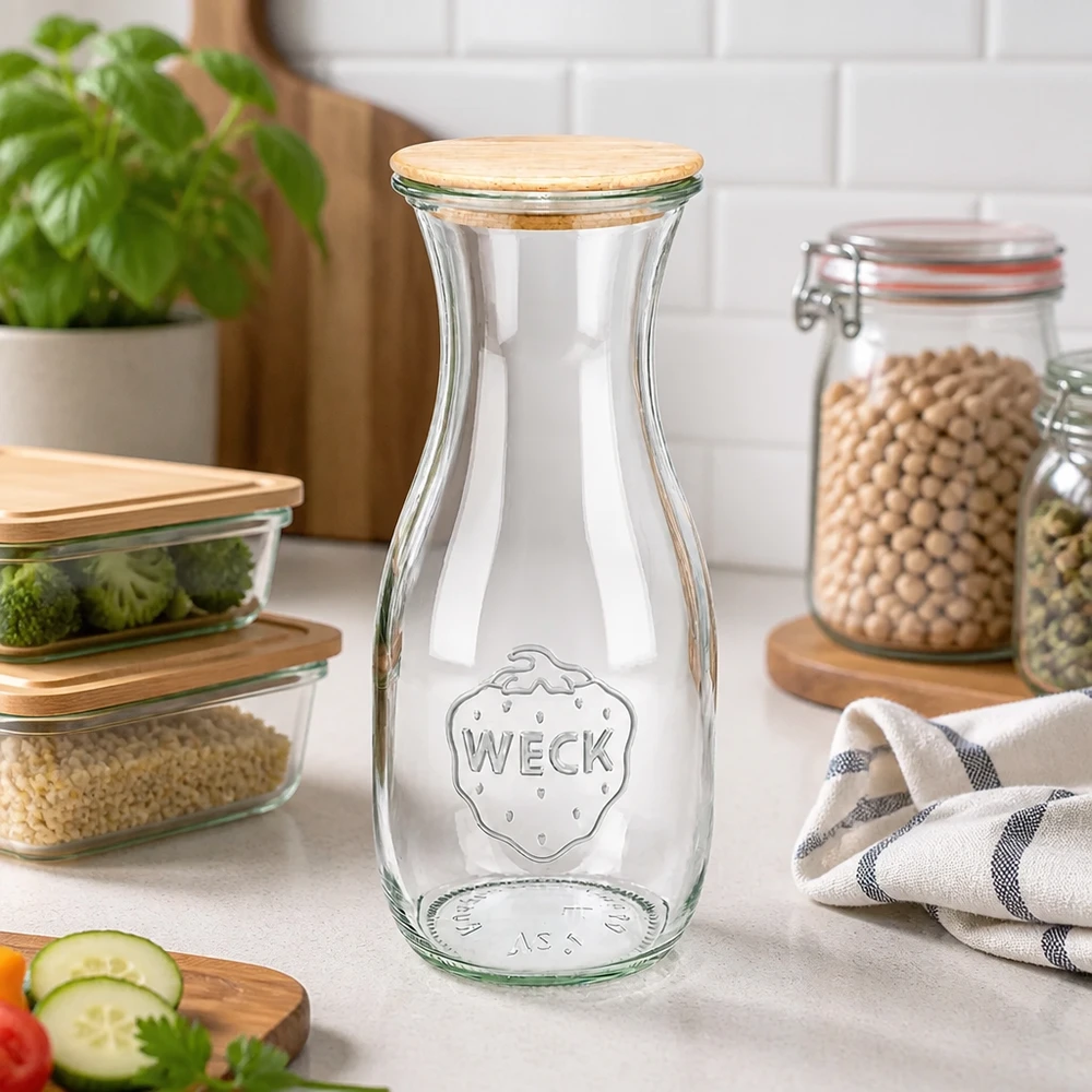 530ml Bouteille à jus de fruits WECK RR60 avec couvercle en bois WECK Bouteille de jus 530ml RR60 avec couvercle en bois dans la cuisine moderne à côté des légumes et des légumineuses comme solution de stockage