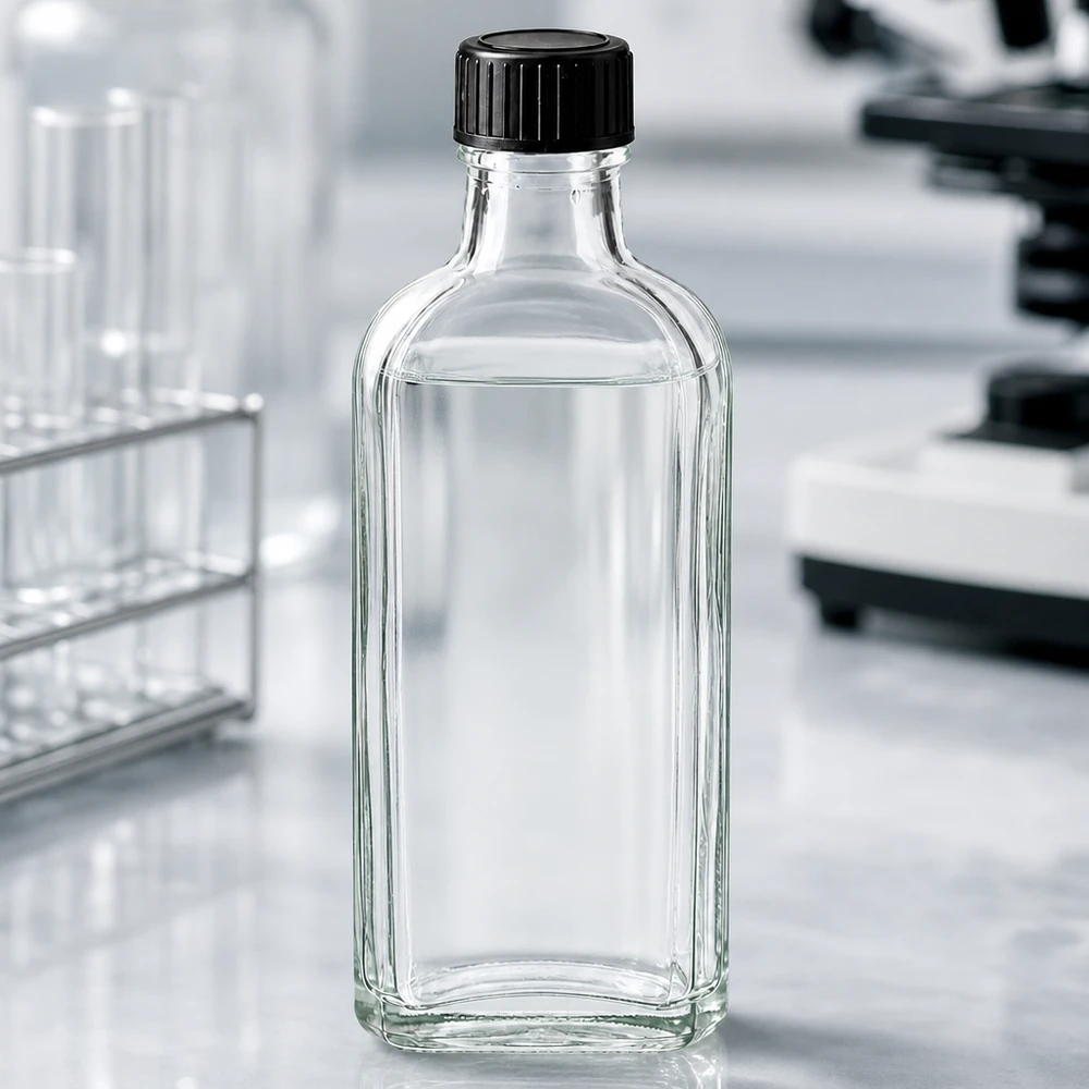 Flacon en verre rectangulaire transparent de 100 ml, muni d'un disque d'étanchéité LKD et d'un bouchon noir, utilisé en laboratoire