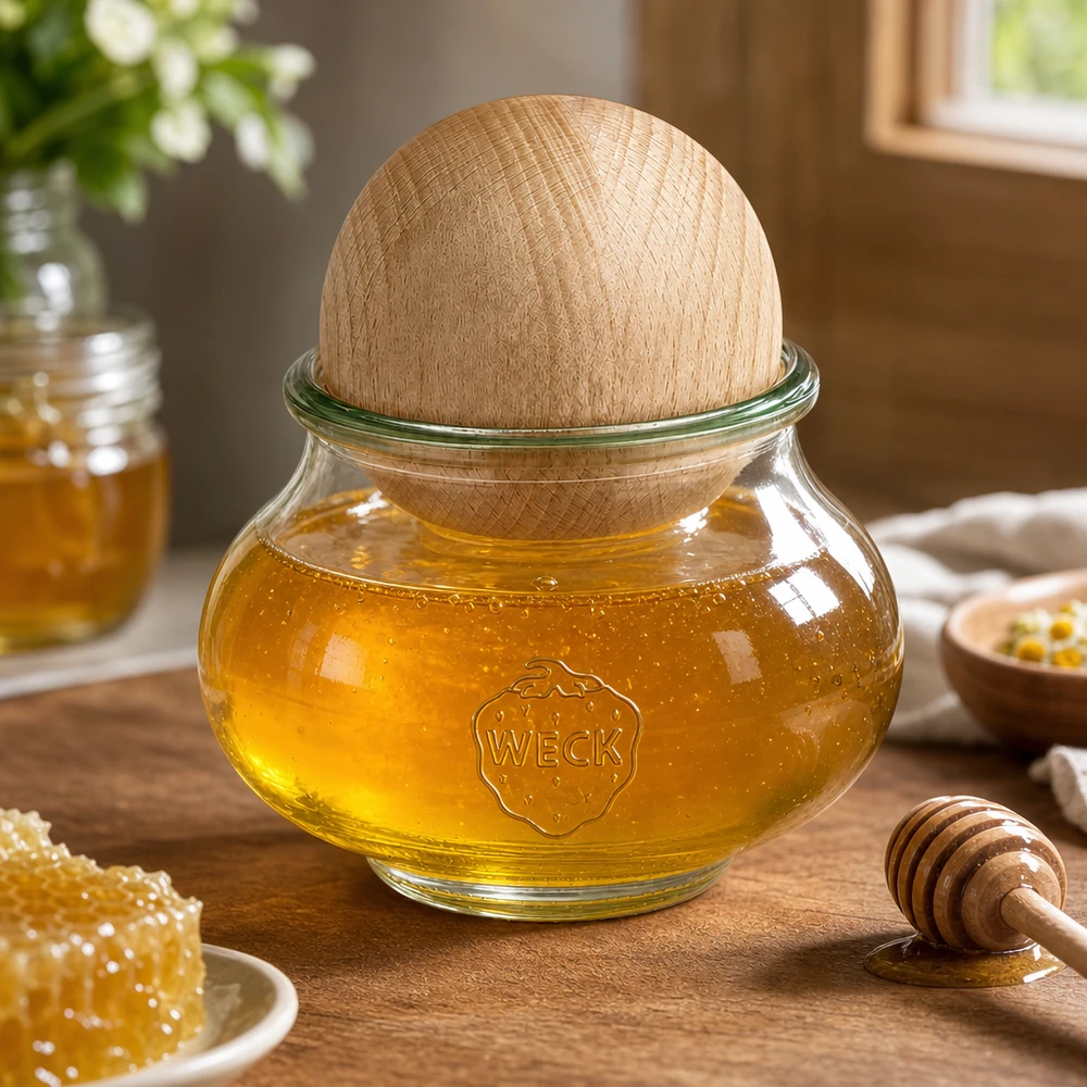 560ml bocal décoratif WECK RR80 avec boule en bois en hêtre WECK Pot de miel 560ml RR80 Boule de hêtre Couvercle en bois rempli de miel Cuillère à miel Nid d'abeille Accessoires de cuisine