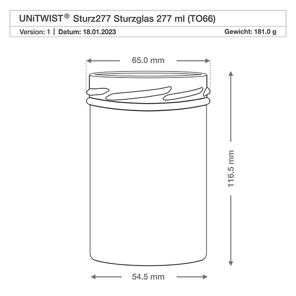 UNiTWIST Sturz277 Verre renversé 277ml TO66 avec dessin technique Dimensions 65mm Diamètre 116,5mm Hauteur Poids 181g