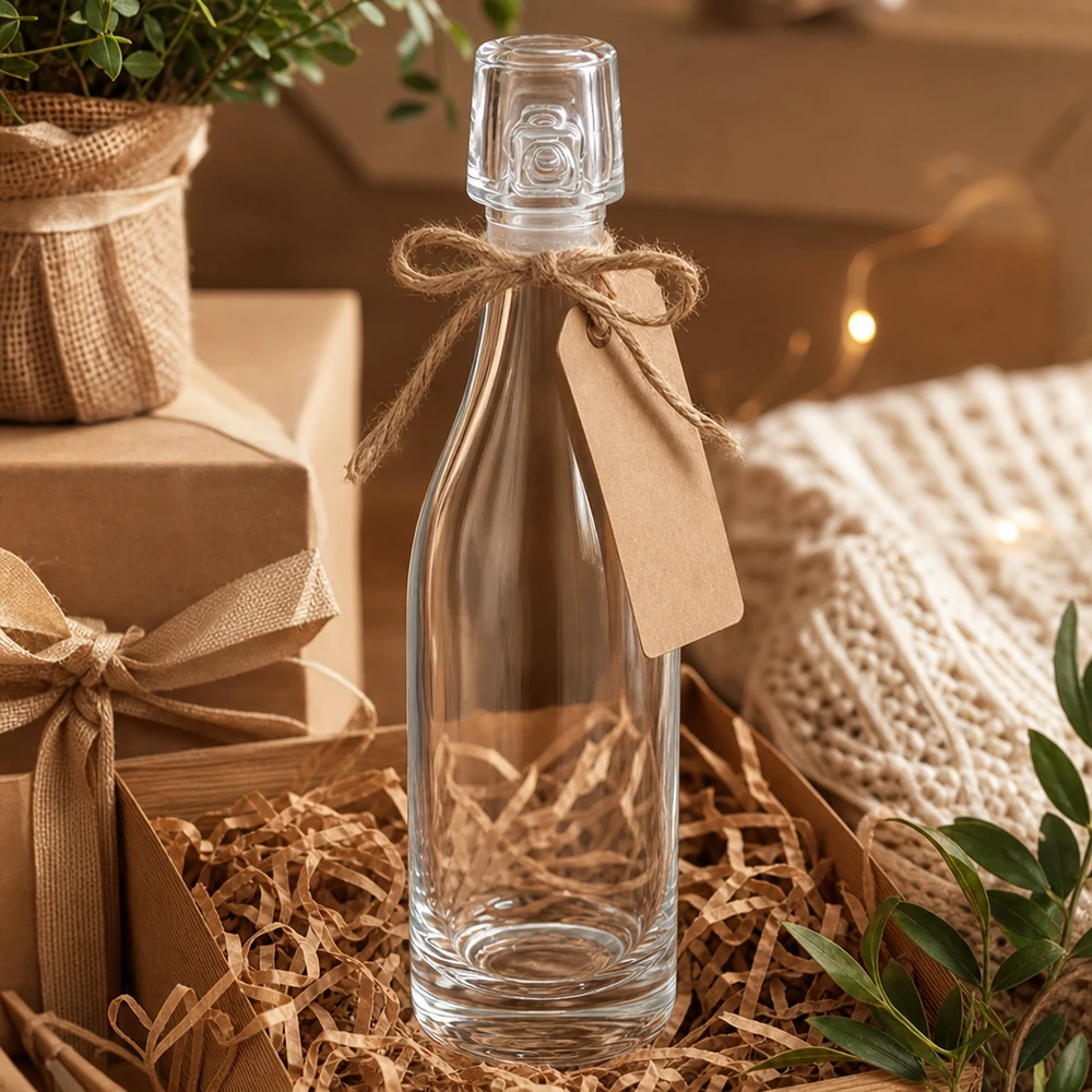 Bouteille en verre 50ml UNiTWIST Emballage cadeau avec corde de jute et pendentif dans une boîte cadeau avec paille