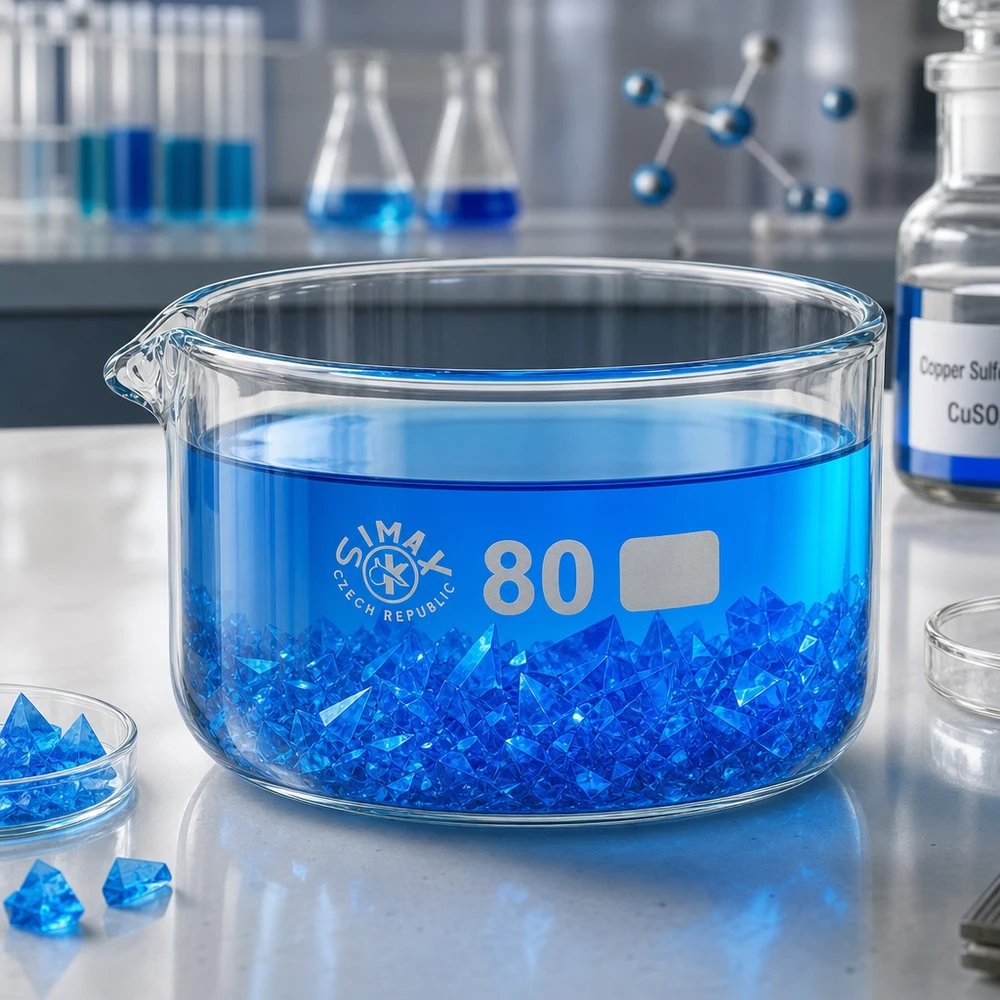 Coupelle de cristallisation de 150 ml contenant des cristaux bleus de sulfate de cuivre (CuSO₄) pour laboratoire, ø 80 mm