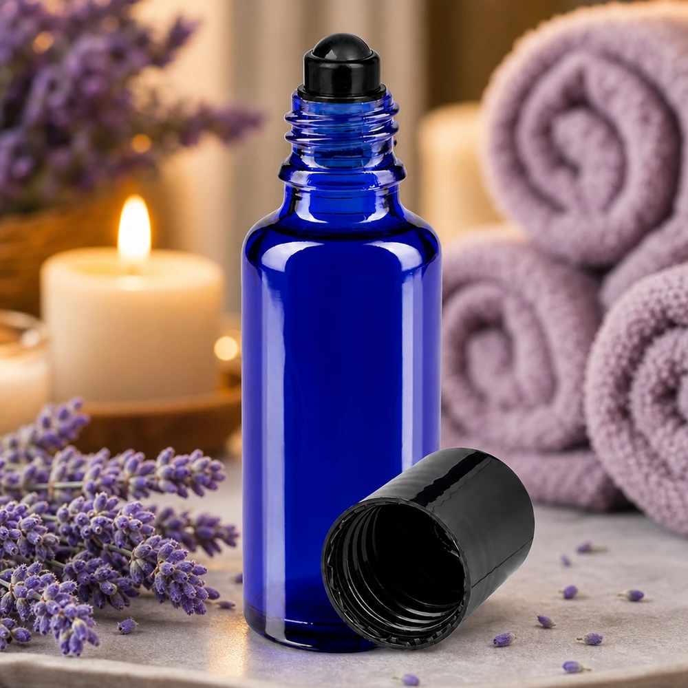 Flacon de déodorant en verre bleu 30 ml, déo à bille vide Flacon à bille de 30 ml en verre d'apothicaire bleu cobalt avec un bouchon noir, posé à côté de fleurs de lavande et de bougies