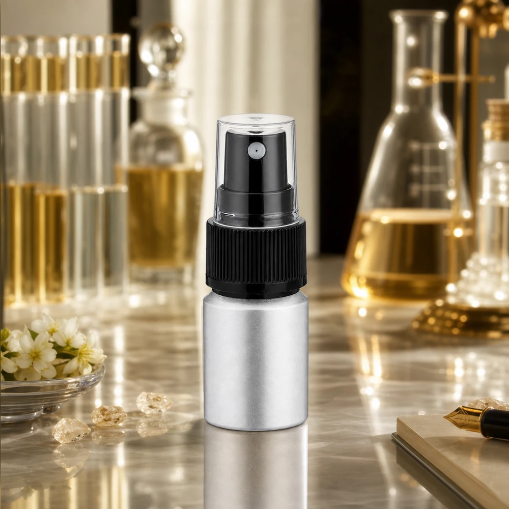 Flacon en aluminium pratique de 10 ml avec embout de pulvérisation noir pour les cosmétiques et mélanges DIY