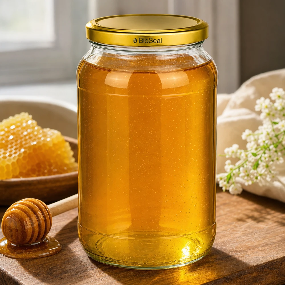 1062ml Verre rond avec couvercle BioSeal or UNiTWIST UNiTWIST Runda1062 Pot de miel rempli de miel doré TO82 BioSeal Couvercle Planche en bois Nid d'abeille Apiculture