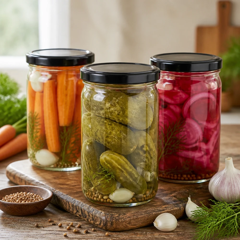 Trois bocaux de 1053 ml avec couvercles noirs remplis de légumes marinés : concombres, carottes et radis.