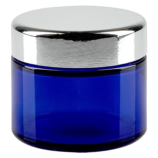Pot en verre 50ml bleu royal, avec couvercle argenté Pot en verre 50ml bleu royal, avec couvercle argenté