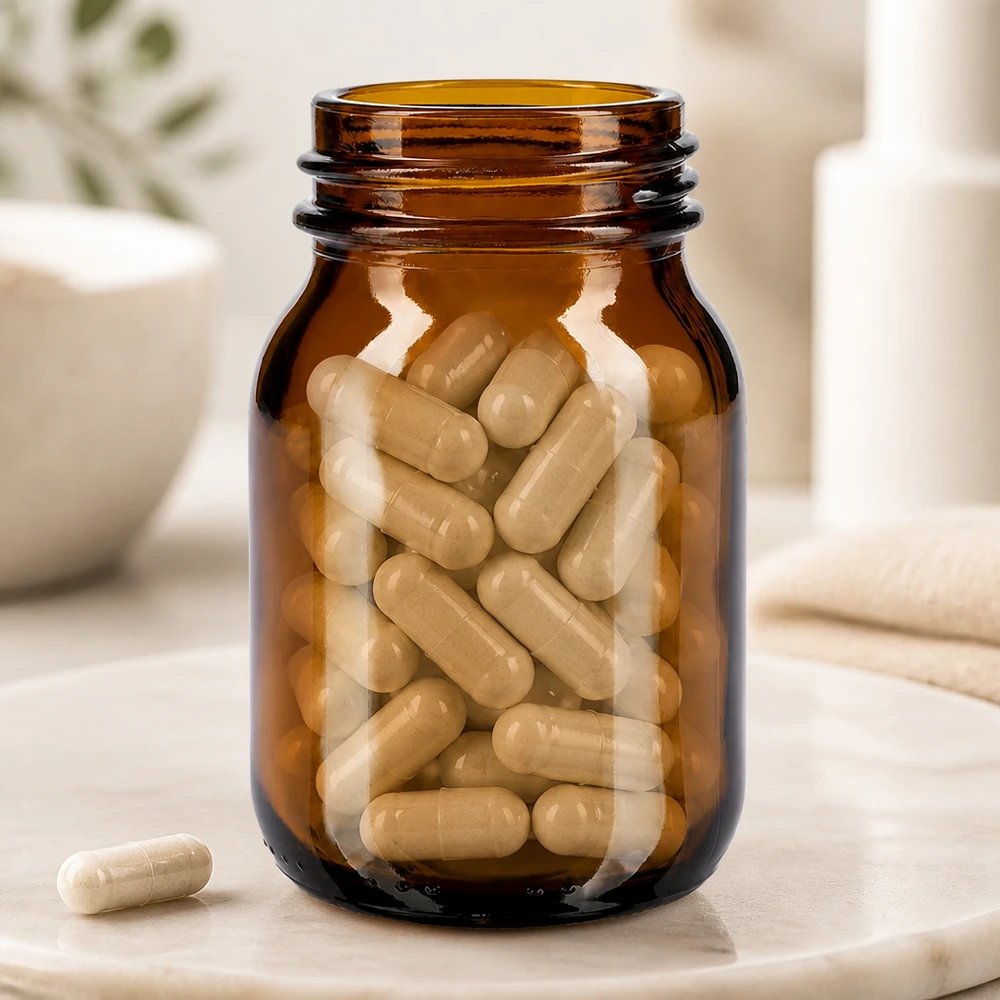 Bouteille compacte de 75 ml en verre brun à col large avec ouverture pratique DIN 40 pour les compléments alimentaires
