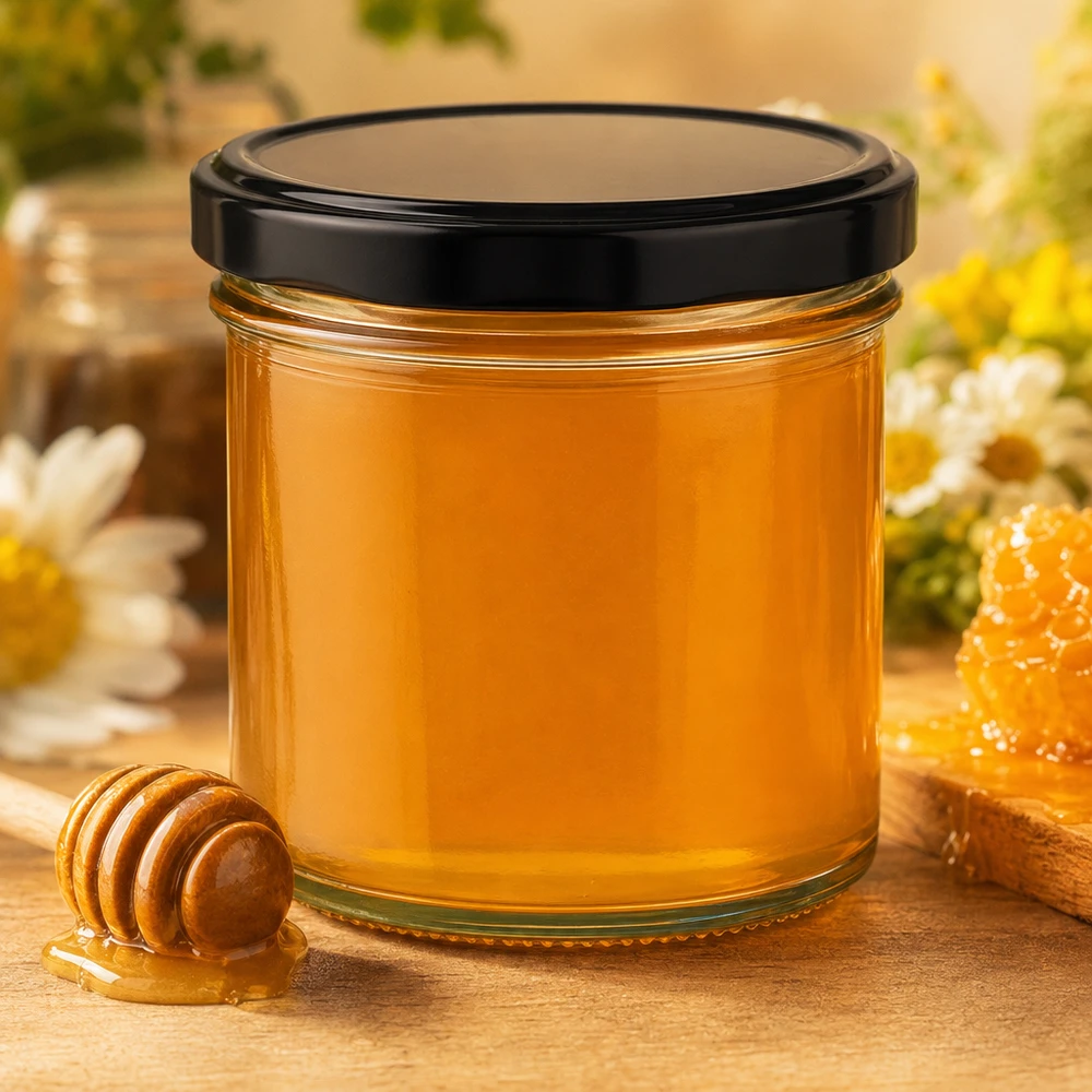 125ml Verre conique avec couvercle BasicSeal noir UNiTWIST Pot de 125 ml avec couvercle noir rempli de miel doré Cuillère à miel Nid d'abeille Décoration naturelle
