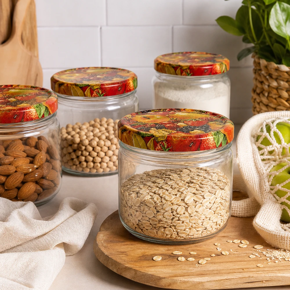 260ml Verre conique avec couvercle BasicSeal décor fruits UNiTWIST Mehrere 260ml Sturzgläser mit Obst-Dekor Deckeln als Vorratsgläser für Haferflocken Mandeln und Kichererbsen