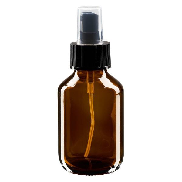 Flacon médical norme européenne de 100 ml avec spray noir GCMI 28/410 et couvercle transparent, standard Flacon médical norme européenne de 100 ml avec spray noir GCMI 28/410 et couvercle transparent, standard