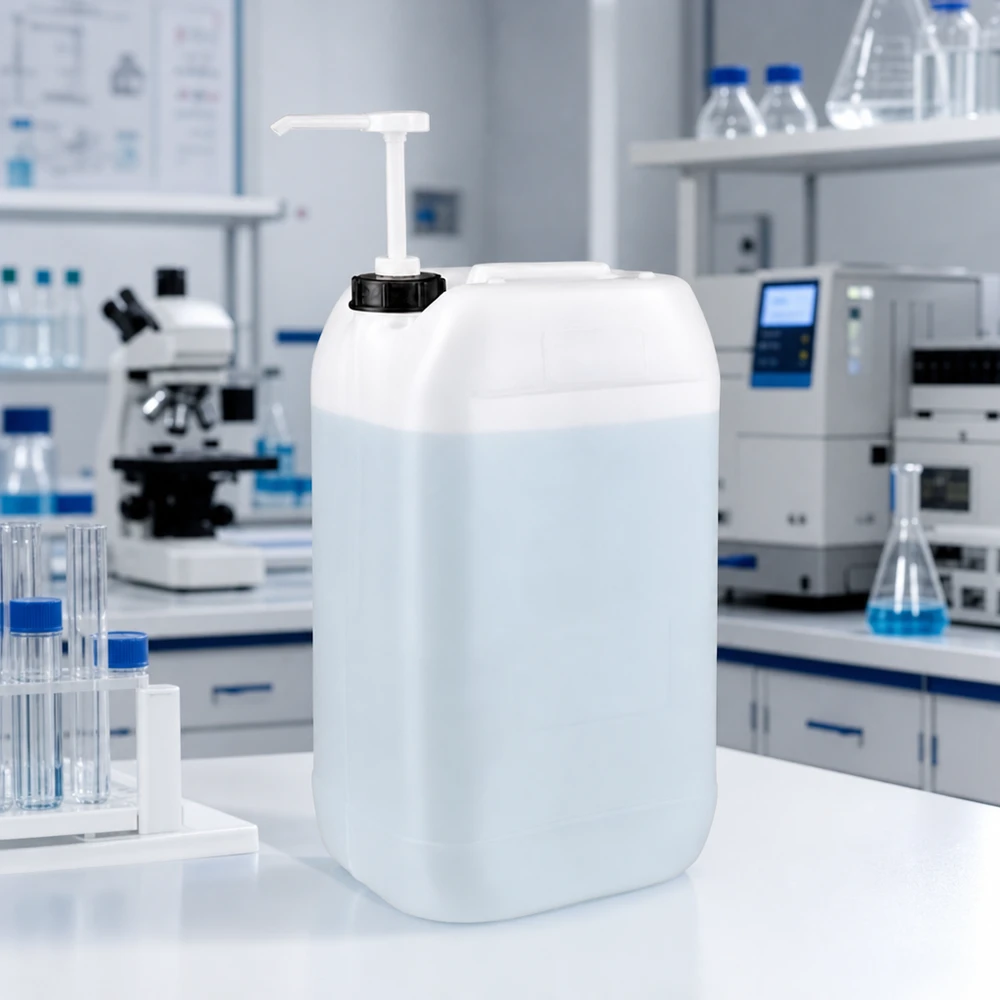 Jerrican de 15 litres avec pompe doseuse Bidon en plastique transparent de 15 L avec bouchon à vis noir et pompe doseuse blanche