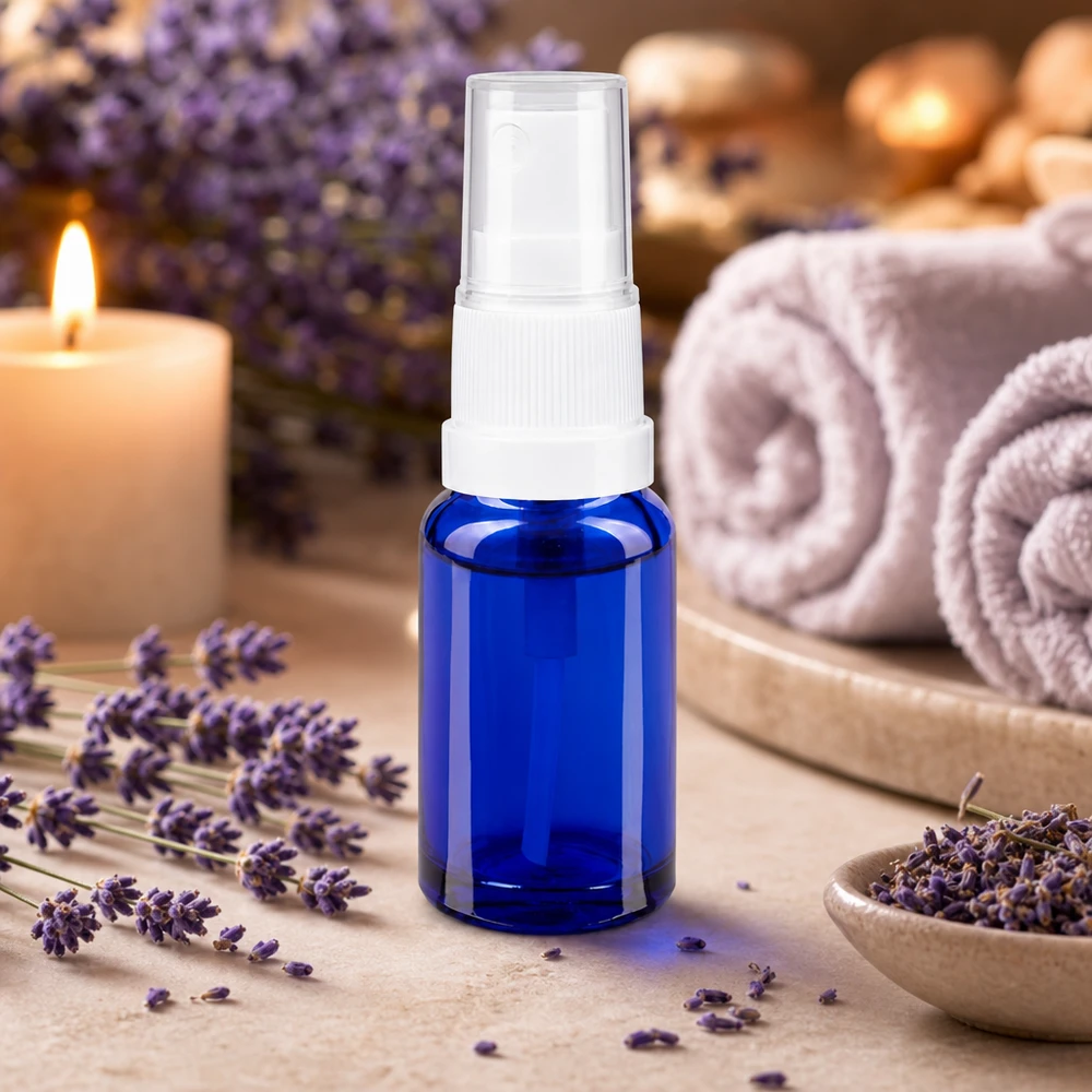 Flacon de pharmacie bleu 10ml embout spray blanc Flacon vaporisateur de 10 ml en verre d'apothicaire bleu, muni d'un vaporisateur blanc, entre des fleurs de lavande et des accessoires de spa