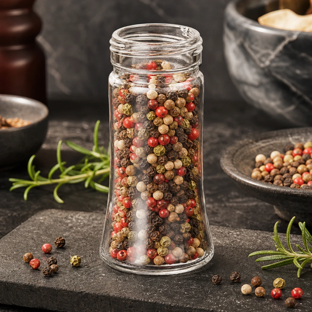 Assortiment de grains de poivre multicolores dans un bocal à épices Bobby de 95 ml en verre transparent, muni d'un bouchon à vis de 41 mm
