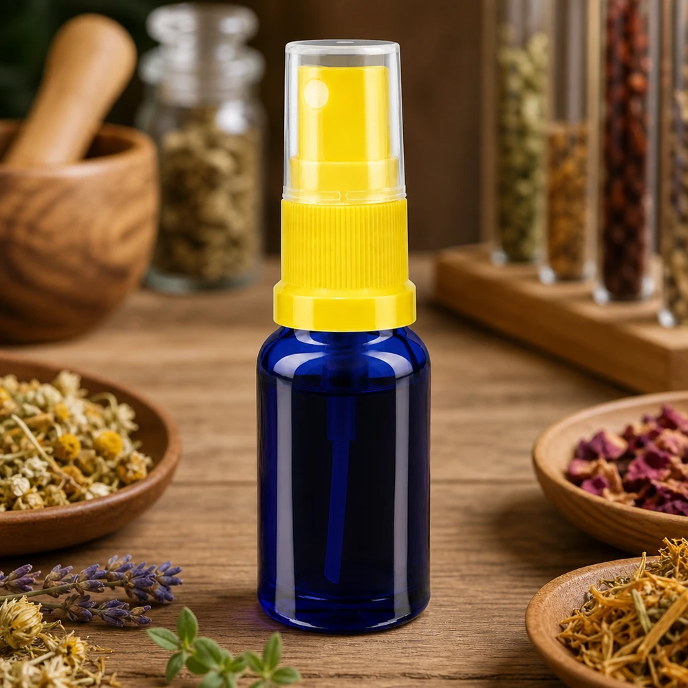 Flacon de pharmacie bleu 10ml embout spray jaune Flacon de pharmacie bleu de 10 ml muni d'un vaporisateur jaune et entouré d'herbes médicinales séchées