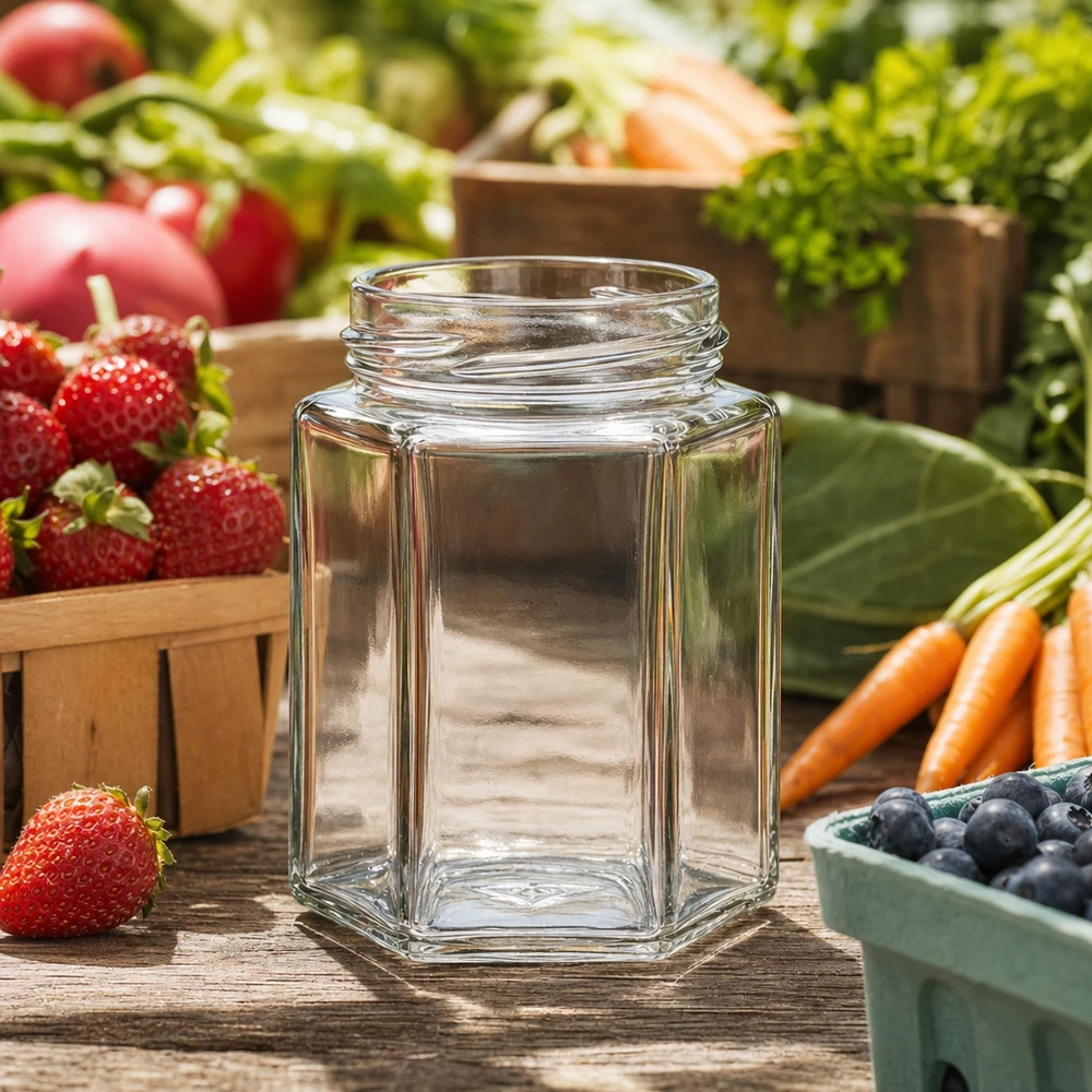 196ml Verre hexagonal sans couvercle (TO58) UNiTWIST UNiTWIST Hexa196 bocal hexagonal 196ml TO5 vide sur table en bois avec fruits et légumes frais en arrière-plan