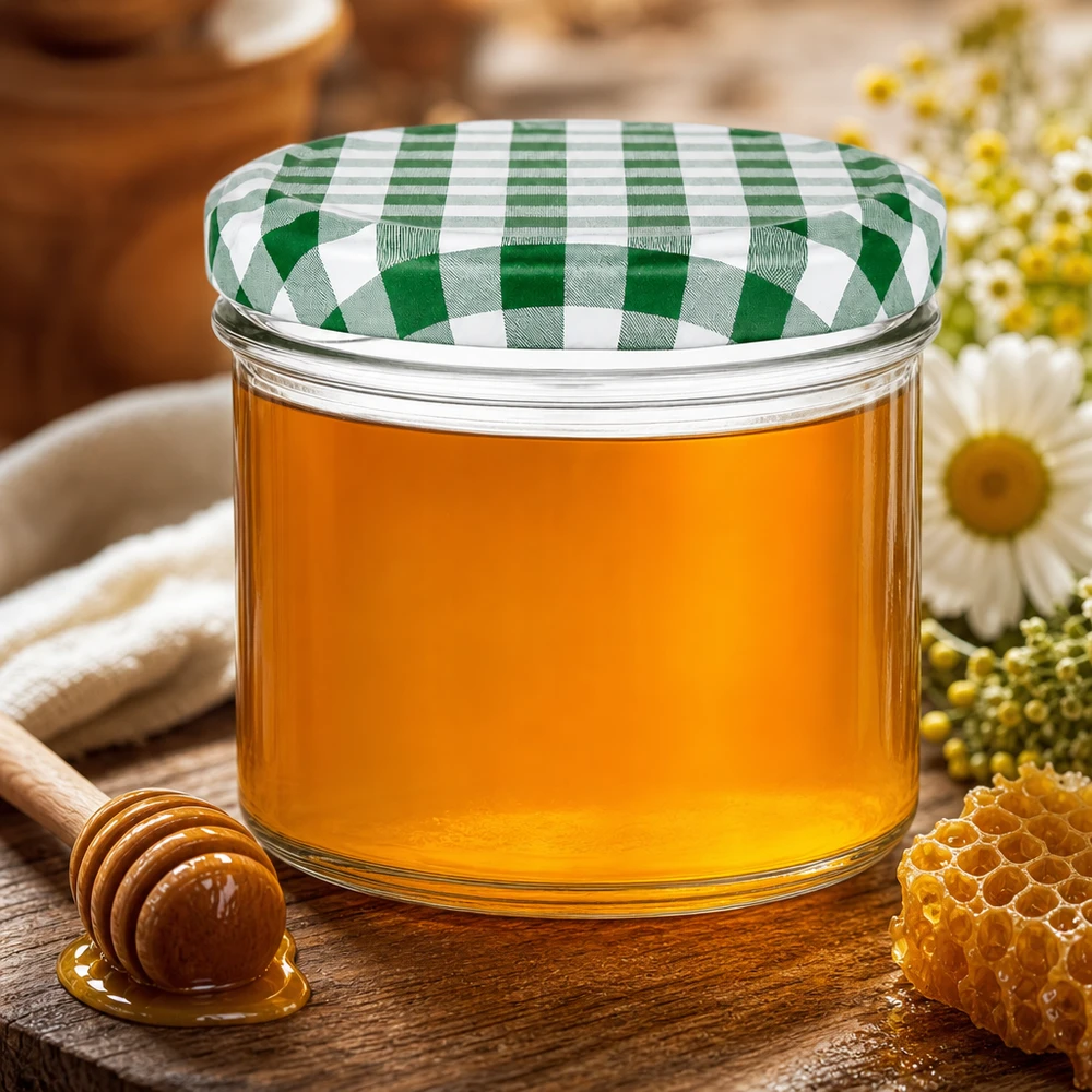 Pot de 225 ml avec couvercle à carreaux vert et blanc rempli de miel doré, à côté d'une cuillère à miel et d'un morceau de rayon de miel.