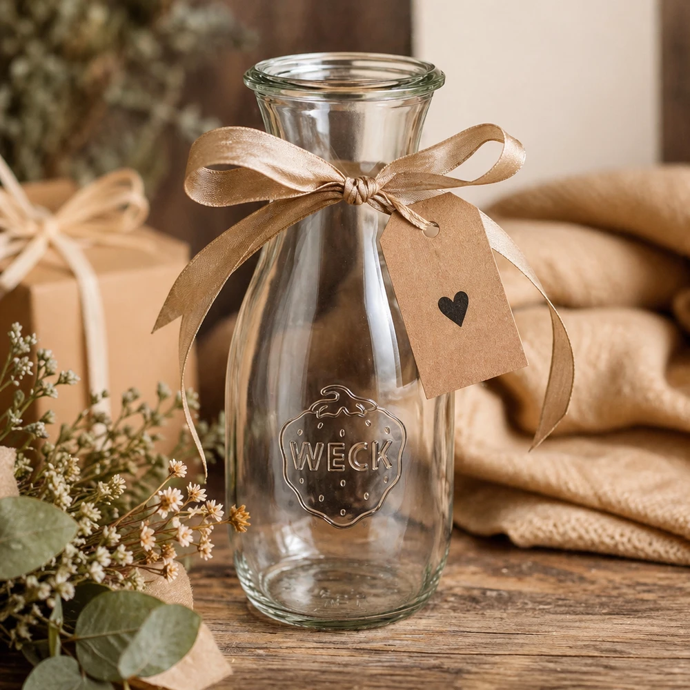 WECK Bouteille en verre 530ml RR60 décorée avec un ruban brun et une étiquette cadeau sur une table en bois avec des fleurs