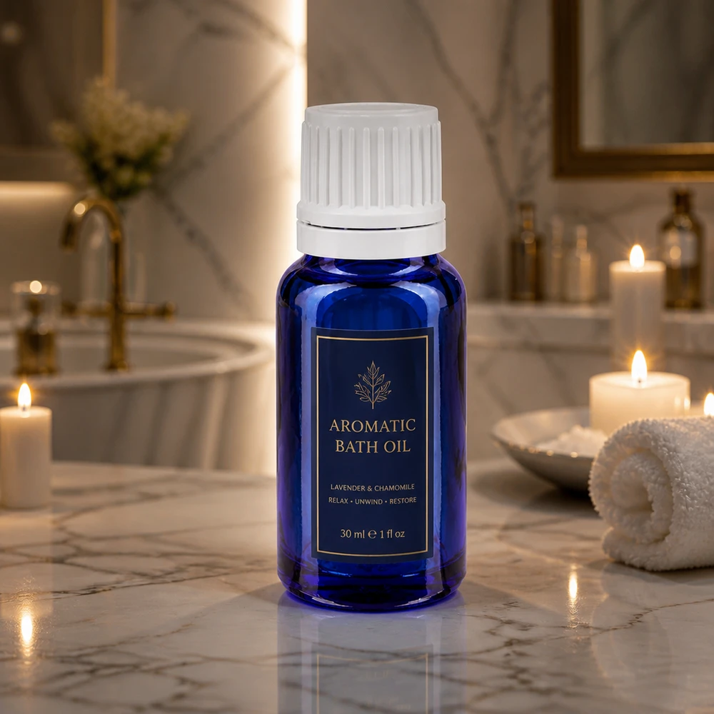 Flacon de pharmacie bleu 10ml bouchon vissable blanc bouchon d'inviolabilité Flacon en verre bleu de 10 ml muni d'un bouchon à vis blanc, disposé devant des bougies et une baignoire