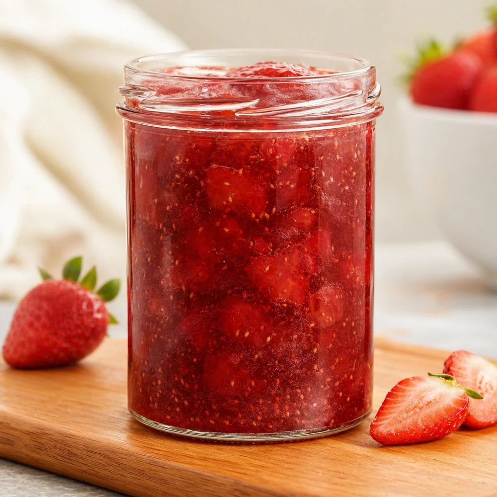 UNiTWIST Sturz435 Verre renversé 435ml rempli de confiture de fraises maison TO82 Filetage sur planche à découper
