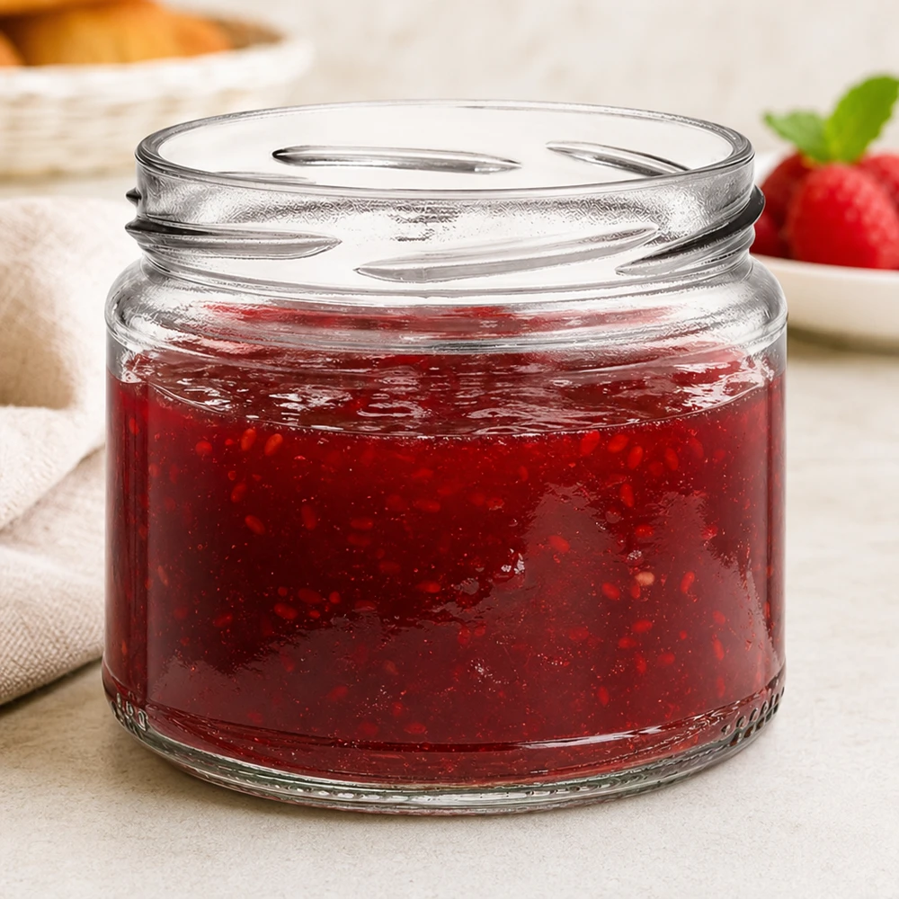 UNiTWIST Runda330 Pot rond rempli de confiture rouge Confiture de fraises en fond de table de petit déjeuner