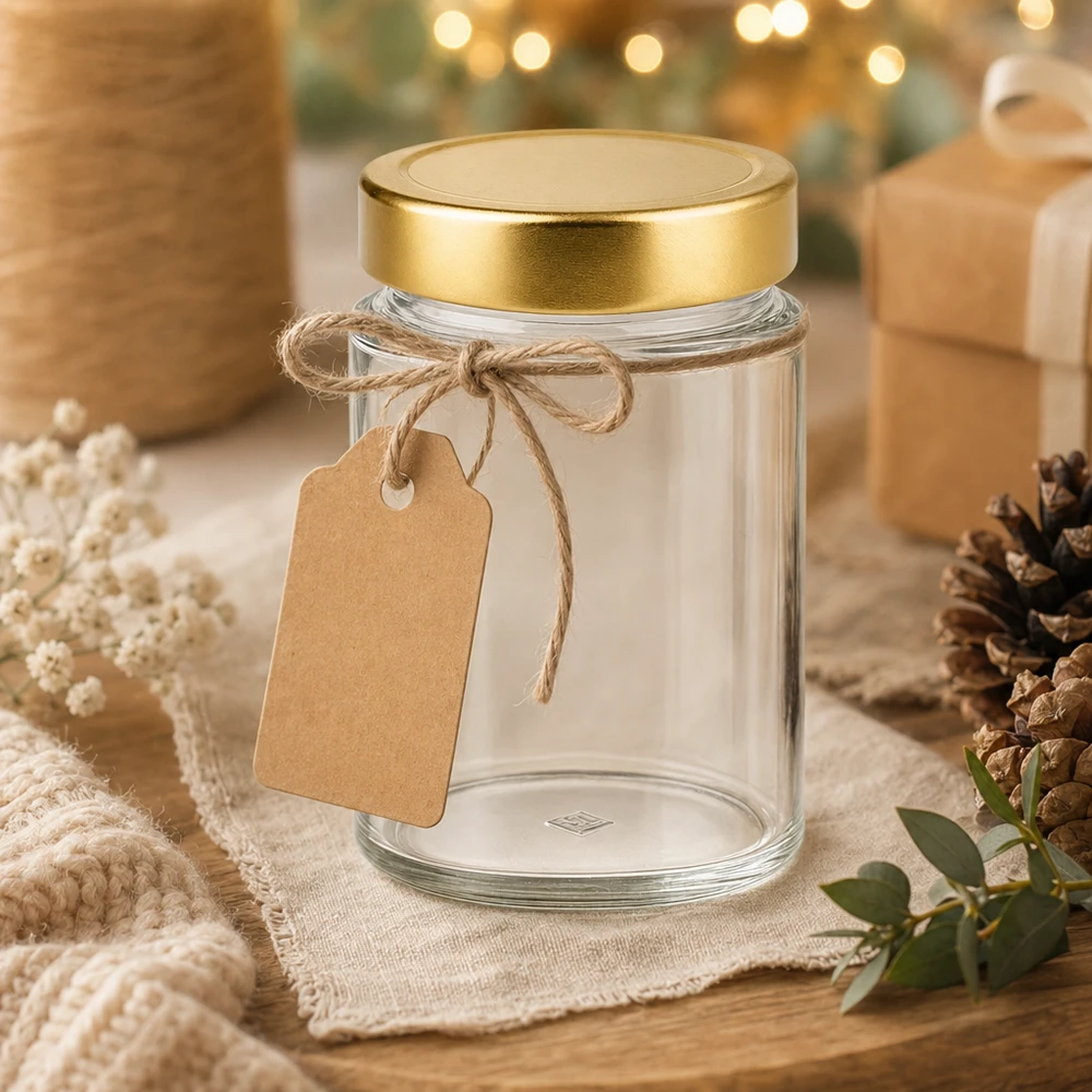 202ml Verre rond avec couvercle BasicSeal or UNiTWIST Pot rond de 202ml avec couvercle doré comme emballage cadeau - pot décoratif avec pendentif pour cadeaux DIY