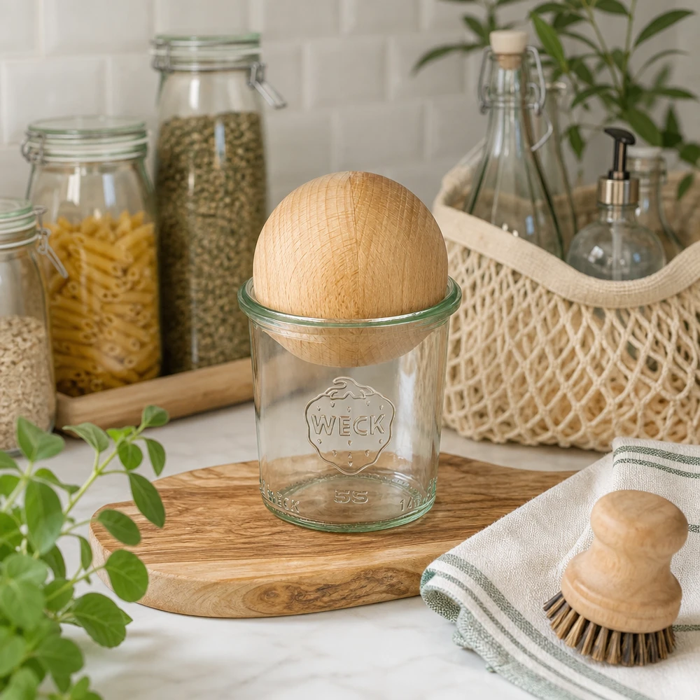 140ml bocal conique WECK RR60 avec boule en bois en hêtre WECK Verre renversé 140ml RR60 avec boule en bois de hêtre dans une cuisine durable, entouré de bocaux à provisions et de maté