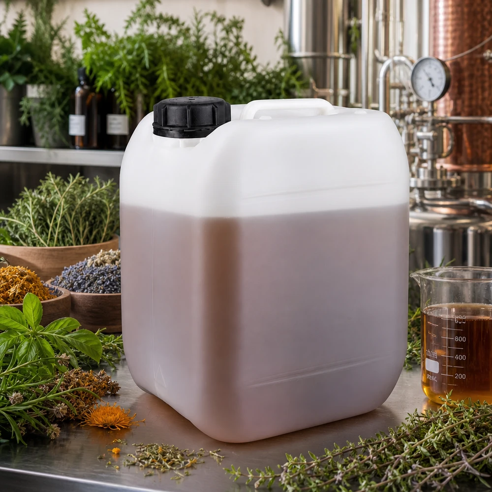 Bidon en plastique blanc de 5 litres contenant des herbes, avec un alambic en arrière-plan