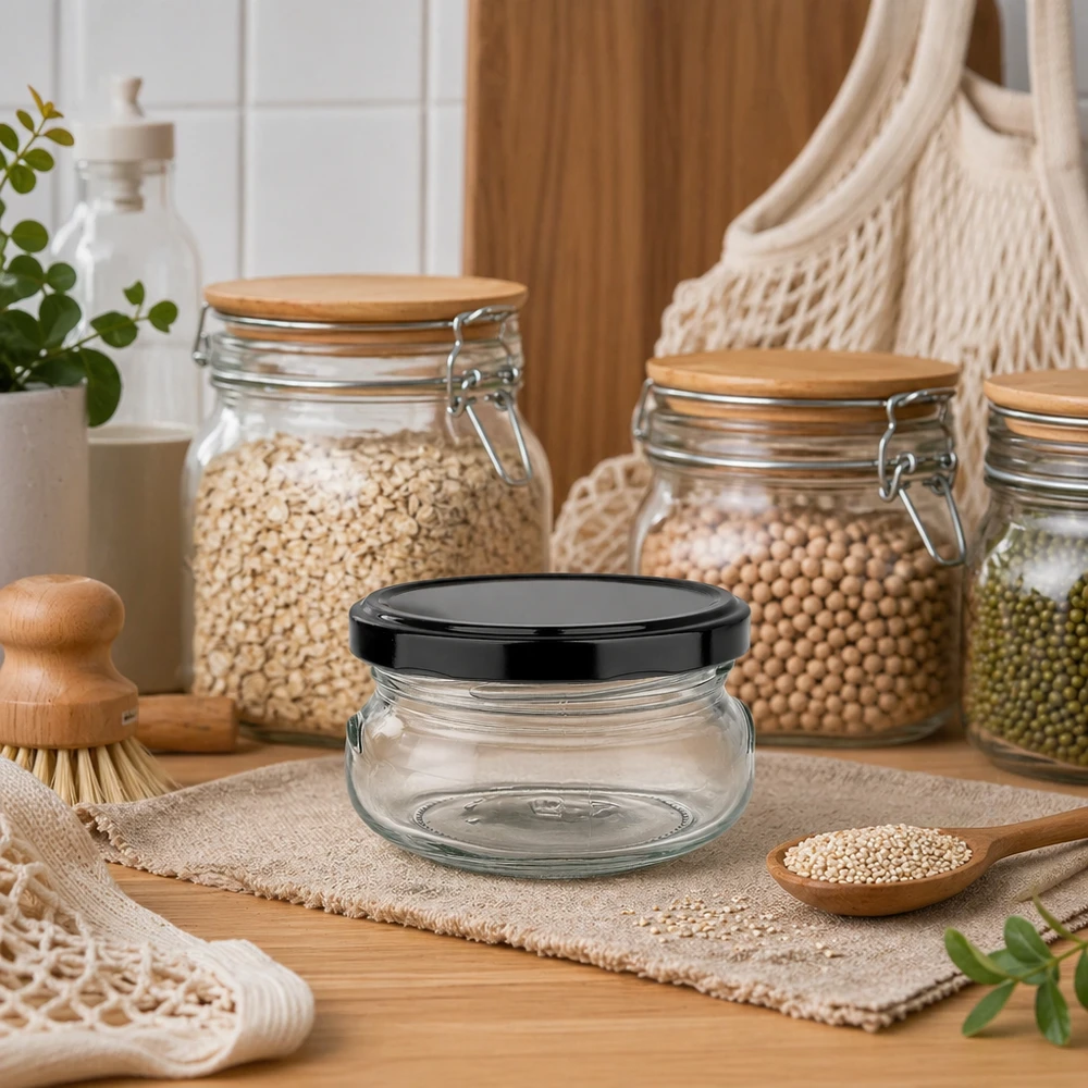 Pot à terrine de 120 ml avec couvercle noir dans une cuisine durable, entouré de bocaux à provisions et de matériaux naturels