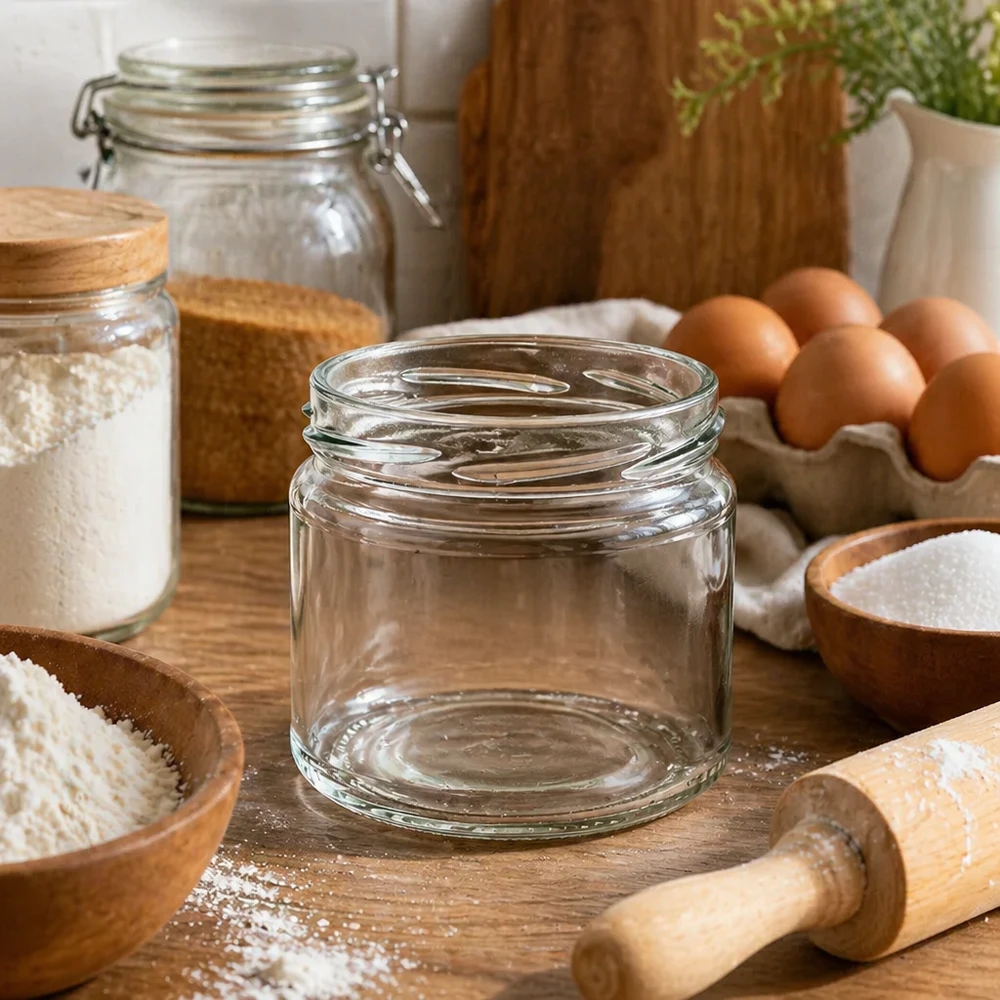 UNiTWIST Runda330 Verre rond 330ml TO82 dans une cuisine rustique décorée d'ingrédients de boulangerie, d'œufs et d'ustensiles en bois