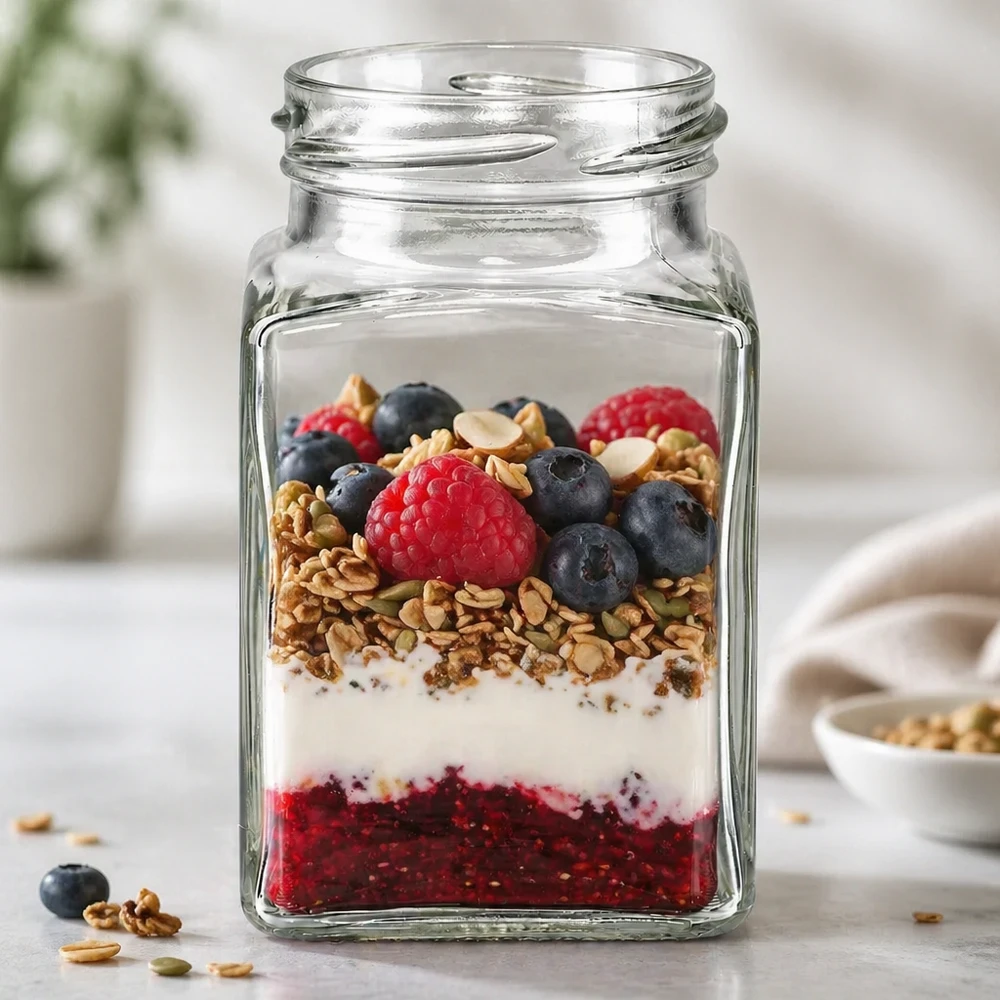 260ml Tetraglas sans couvercle (TO58) UNiTWIST UNiTWIST Tetra260 Verre à 4 coins 260ml TO58 avec baies de muesli et yaourt comme dessert dans un verre sur le comptoir de la cuisine