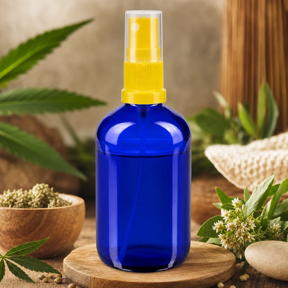 Flacon de pharmacie bleu 100ml embout spray jaune Flacon en verre bleu de 100 ml muni d'un vaporisateur jaune, entouré d'une plante de chanvre et d'herbes naturelles