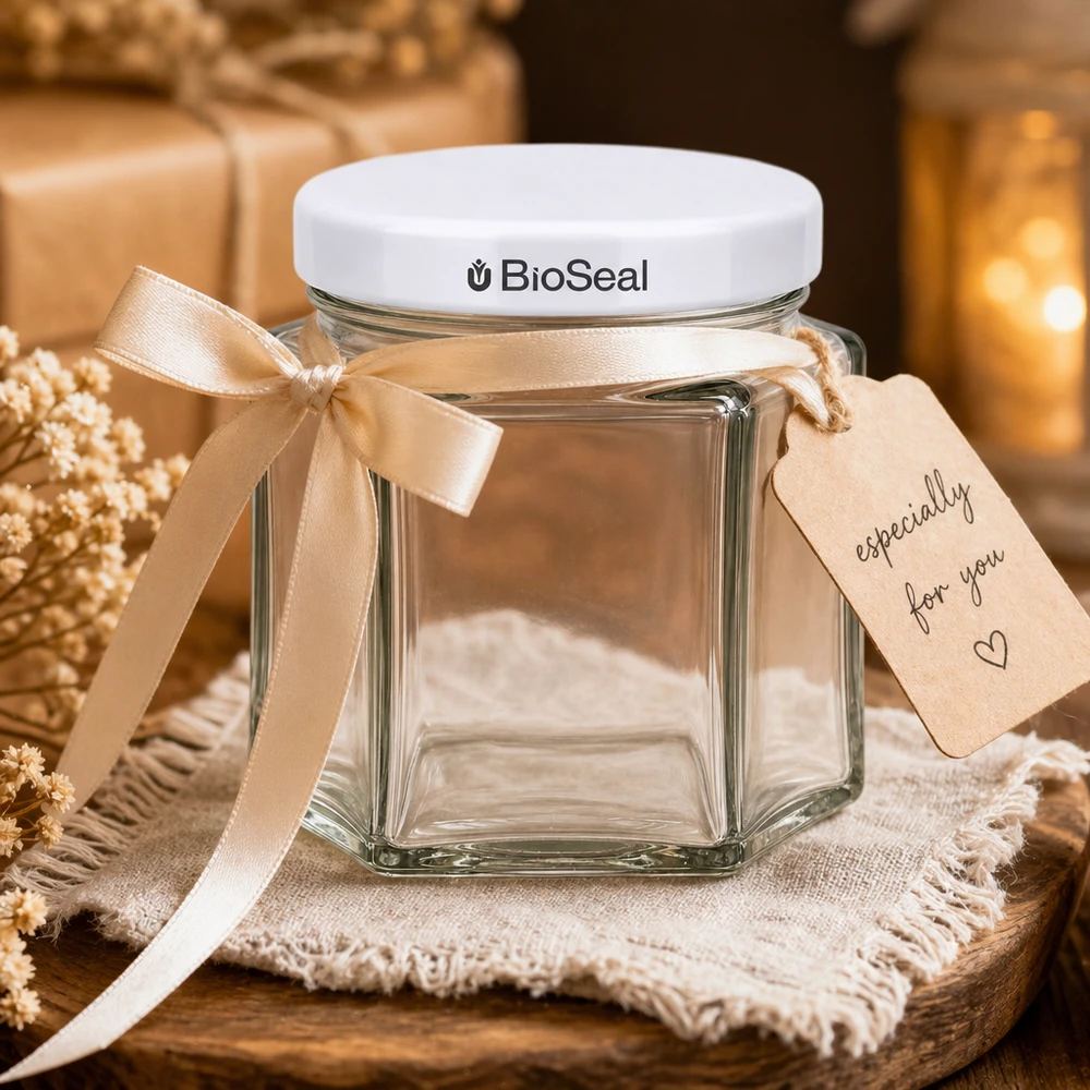 47ml Verre hexagonal avec couvercle BioSeal blanc UNiTWIST