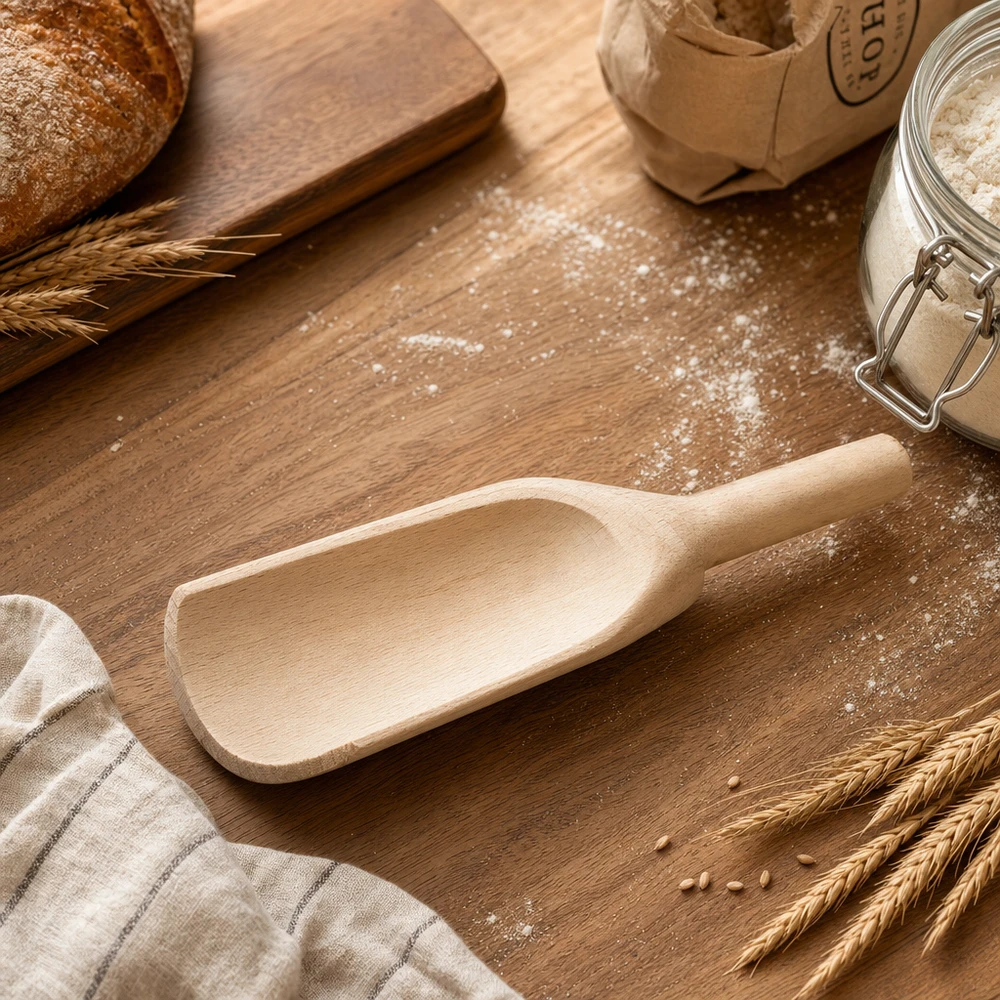 Pelle en bois taille L forme plate - 180mm de long Pelle en bois L 18cm plate sur table en bois avec farine épis de blé pain et essuie-tout Accessoires de pâtisserie en bois naturel