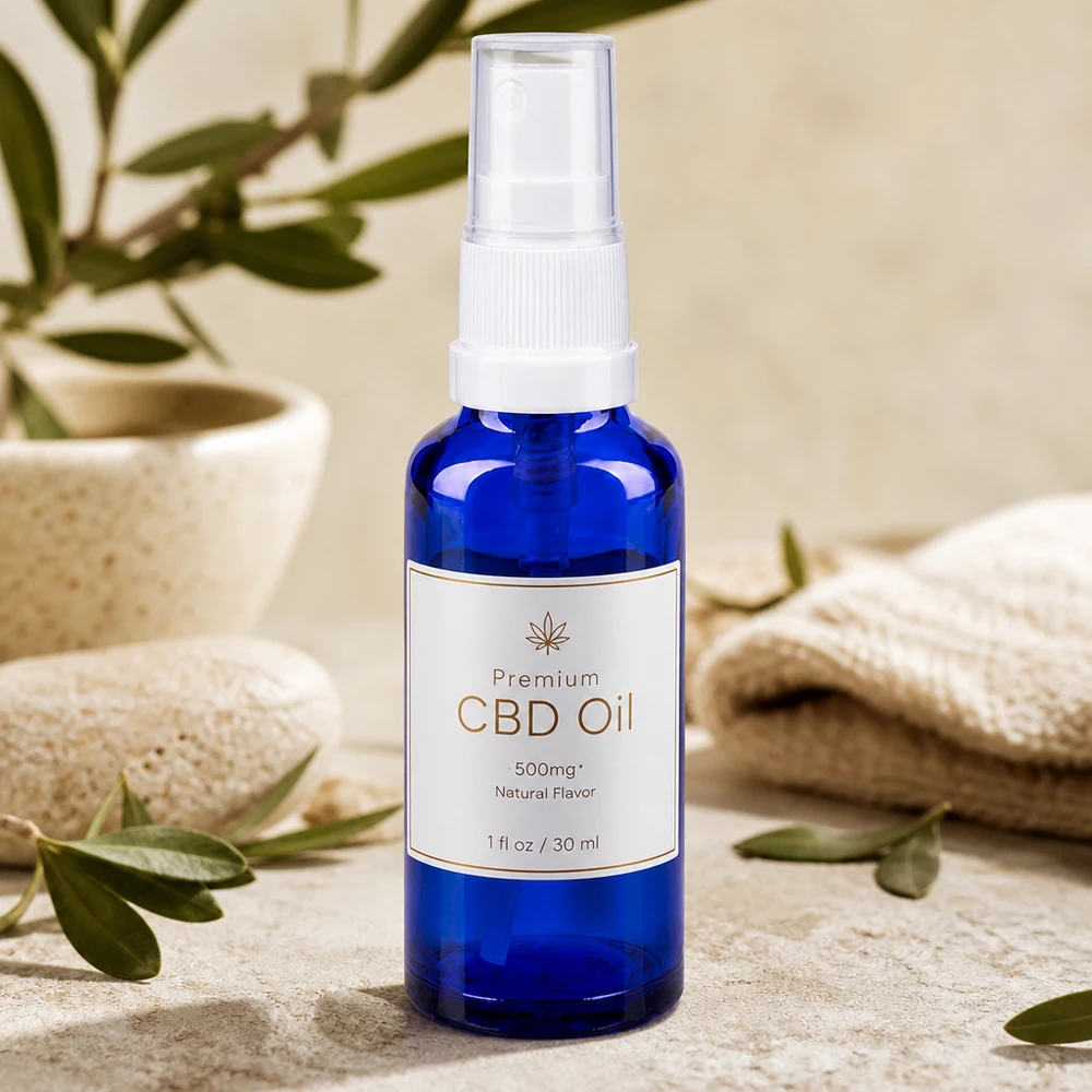 Flacon en verre d'apothicaire bleu de 10 ml avec vaporisateur à pompe pour huile de CBD 500 mg, arôme naturel, 30 ml