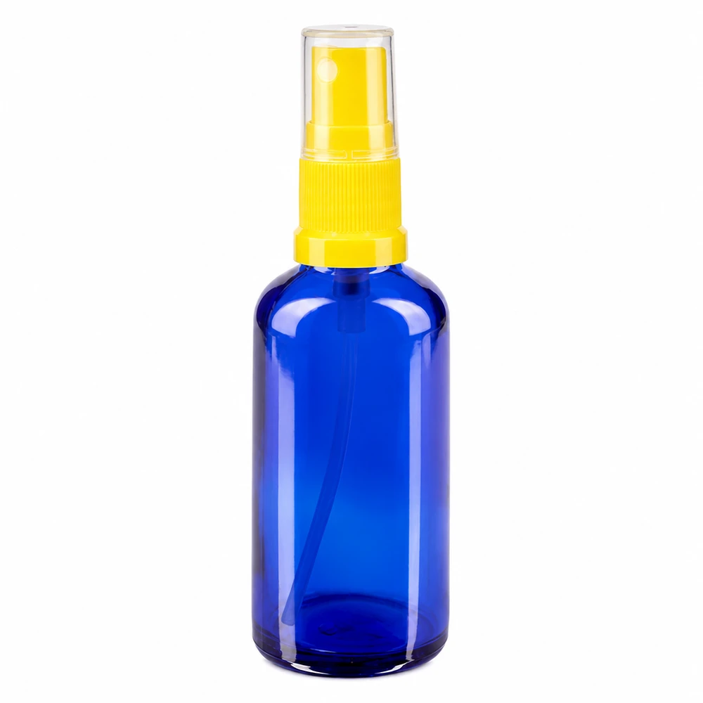 Flacon de pharmacie bleu 50ml embout spray jaune Flacon pulvérisateur en verre bleu de 50 ml avec tête de pulvérisation jaune, destiné aux pharmacies et aux produits cosmétiques