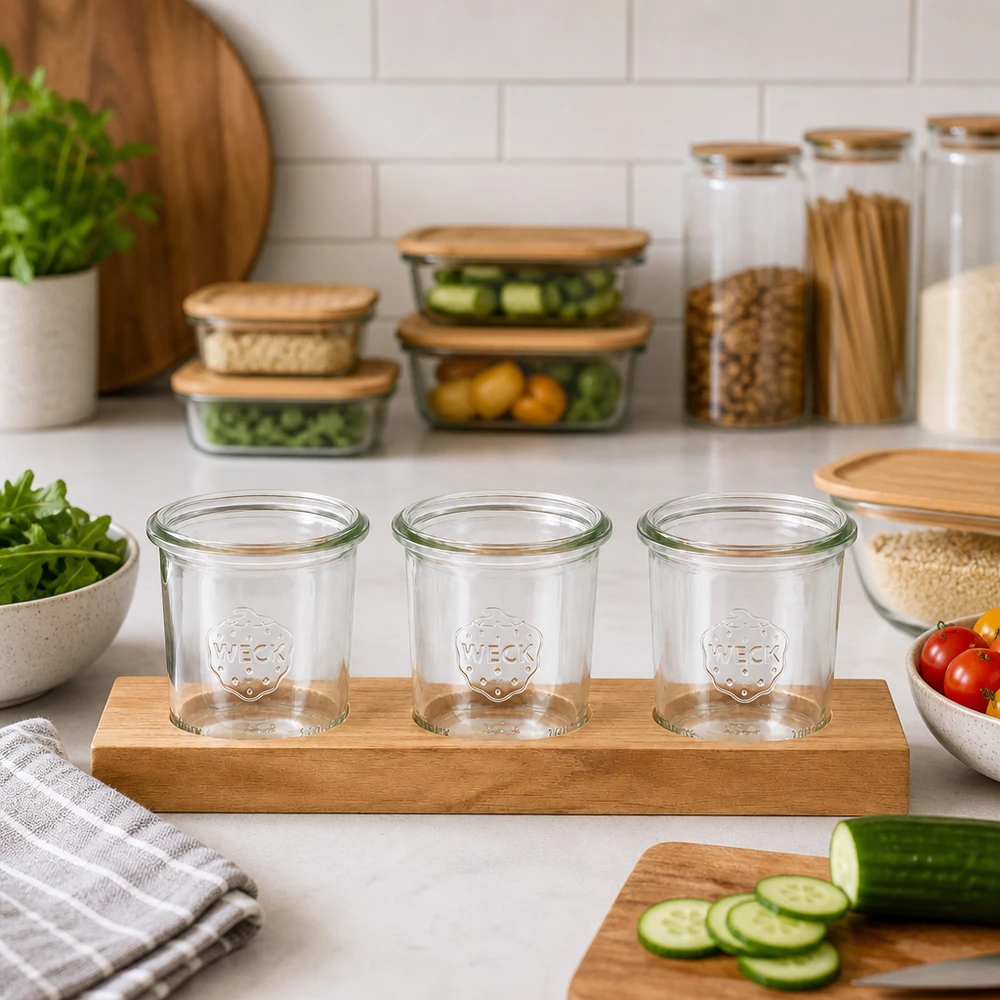 Planche de service Plano3 avec des bocaux WECK vides de 140ml dans une cuisine moderne à côté des légumes et des boîtes de conservation